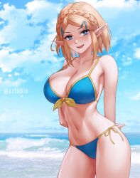 1girls azto_dio aztodio beach big_breasts bikini blonde_hair blue_bikini blue_clothing blue_eyes blue_swimwear breasts breath_of_the_wild cleavage clothed clothing female hair humanoid humanoid_pointy_ears hylian nintendo not_furry princess_zelda seaside side-tie_bikini solo swimwear tears_of_the_kingdom the_legend_of_zelda video_games water zelda_(tears_of_the_kingdom)