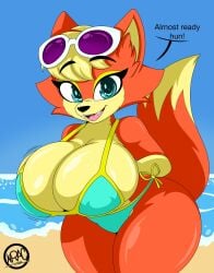 1girls 2022 animal_crossing anthro aqua_eyes audie_(animal_crossing) beach big_breasts bikini bikini_pull bikini_top blue_eyes breasts cleavage dialogue english_text eyewear_on_head female fox furry green_eyes huge_breasts large_breasts looking_at_viewer nintendo nr_ac orange_fur orange_hair smile smiling smiling_at_viewer solo sunglasses sunglasses_on_head thick_thighs thighs wide_hips yellow_fur