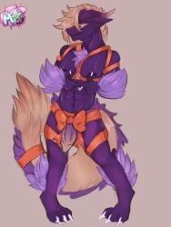 anthro arm_fluff balls blush bow_ribbon claws digital_media_(artwork) dragon dtfrisk345 erection fluffy fluffy_arms fluffy_tail fur genitals hair hi_res himbo himbo_pecs horn leg_fluff looking_away looking_down male male_focus male_only muscular nipples nude penile penis purple_body purple_fur ray_(disambiguation) shy simple_background smile solo uwu wrapped_up yellow_body yellow_fur