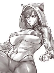 abs animal_ears bikini breasts cat_ears cat_girl facial_mark female highres hood hoodie large_breasts looking_to_the_side muscular muscular_female original pants short_hair sketch solo sportswear swimsuit virgoart1509 whisker_markings yoga_pants