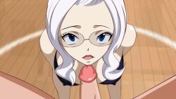 batothecyborg blue_eyes cum cum_on_face fairy_tail glasses kneeling large_breasts long_hair looking_at_viewer mirajane_strauss nipple_bulge nipples open_mouth partial_male tongue tongue_out uncensored white_hair