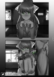 1boy 1boy1girl 1girls areola areolae artist_name balls big_breasts big_penis blush breasts clothed clothes clothing doki_doki_literature_club duo fellatio female green_eyes green_fingernails hair hair_bow hair_ribbon hand_on_penis large_breasts large_penis male male/female monika_(doki_doki_literature_club) monochrome mostly_black_and_white mostly_greyscale mostly_monochrome naked nipples nude oral partially_colored penis precum precum_drip straight thighs twitter_username veiny_penis watermark