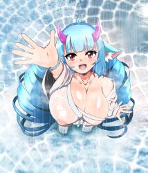 absurd_res alternate_breast_size animal_humanoid big_breasts blue_hair blush bracelet breasts delmin_(show_by_rock!!) demon dragon dragon_humanoid erect_nipples_under_clothes female hair hi_res horn huge_breasts humanoid jewelry long_hair nipples open_mouth raining raised_hand show_by_rock!! water wet wumbo