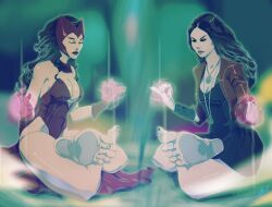 2girls barefoot black_nail_polish black_nails black_toenails brown_hair cleavage feet female female_only lipstick marvel marvel_cinematic_universe marvel_comics meditating meditation nail_polish red_lipstick red_nail_polish red_nails red_toenails scarlet_witch soles toe_ring toenail_polish toes wanda_maximoff