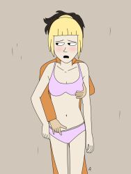 1boy 1girls 2020 accurate_art_style anserhours artstyle_imitation barely_clothed beige_background black_eyes blonde_hair blushing bra brown_hair confinement_(lord_bung) connor_cornwall curved_eyebrows embarrassed female_focus fully_clothed mouth_open natalie_powers orange_clothing orange_pants orange_shirt pink_bra pink_clothing pink_panties pink_underwear reaching_into_pants scp scp_foundation underwear wall wall_(disambiguation) wall_(structure)