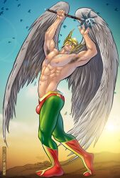 1male abs armpit_hair armpits arms_up carter_hall dc dc_comics hawkman helmet mace male male_focus male_only muscular muscular_male patrick_fillion solo solo_male wings