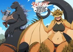 2girls absurd_res anger_vein anthro big_breasts bikini breasts clothing dialogue dragon drinking female giantess godzilla godzilla_(series) hi_res kaiju membrane_(anatomy) membranous_wings monster monster_girl monster_hunter mtf_crossgender multiple_girls rathian rule_63 speech_bubble swimwear text toho vale-city wings