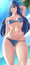 arcedo beach bikini blue_eyes blue_hair fire_emblem fire_emblem_awakening headband lucina_(fire_emblem) muscular_female ocean smile water