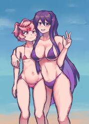 2girls big_breasts bikini breasts cleavage doki_doki_literature_club female female_only gnarlybramble long_hair looking_at_viewer multiple_girls natsuki_(doki_doki_literature_club) open_mouth peace_sign pink_bikini pink_eyes pink_hair purple_eyes purple_hair purple_swimsuit small_breasts smiling smiling_at_viewer standing swimsuit very_long_hair wide_hips yuri_(doki_doki_literature_club)