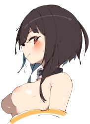 bangs bare_breasts bare_shoulders blank_background brown_hair bust_portrait choker collar kono_subarashii_sekai_ni_shukufuku_wo! medium_breasts megumin nipples nose perky_breasts perky_nipples plain_background puffy_nipples rasusurasu red_eyes shaded shiny_hair shiny_skin shirt_down short_hair side_boob side_glance side_view sideboob small_breasts smirk smirking smirking_at_viewer