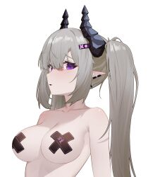 absurdres bangs breasts cleavage cross_pasties demon demon_horns ear_piercing female grey_hair hair_ornament hairclip heiyizhushenxia highres horns large_breasts long_hair looking_at_viewer nude original parted_lips pasties piercing pointy_ears purple_eyes sideways_glance simple_background solo twintails upper_body white_background