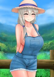 1girls big_breasts blue_overalls breasts cleavage closed_eyes clothing female female_only grey_hair hair hat headwear huge_breasts mature mature_female mature_woman milf mother naked_overalls overalls solo solo_female straw_hat the_only_shoe uzaki-chan_wa_asobitai! uzaki_tsuki