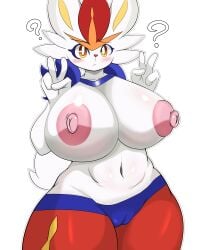 absurd_res areola big_breasts blush breasts cinderace confusion female genitals hi_res huge_breasts navel nintendo nipples pokémon_(species) pokemon pussy question_mark video_games wumbo