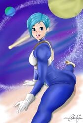 1girls ass blue_clothing blush bodysuit boots breasts breasts bulma_briefs charliejax cosmos dragon_ball dragon_ball_super dragon_ball_z female female female_only fully_clothed gloves planet pose posing saiyan_armor solo solo_female thick_thighs white_gloves