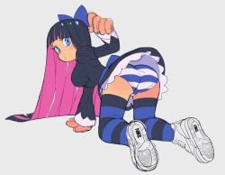 2022 all_fours ass black_hair blue_eyes blue_panties blush bow female hairbow long_hair looking_at_viewer looking_back nike panties panty_&_stocking_with_garterbelt pantyshot shimapan shoes skirt slammo sneakers stocking_anarchy striped_legwear striped_panties tagme thighhighs two_tone_hair underwear upskirt