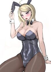 akamatsu_kaede breasts bunny_ears bunny_girl bunnysuit danganronpa danganronpa_v3 female_only fishnet_legwear large_breasts puru straight_hair thick_thighs thighs