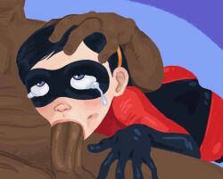 clothed_female_nude_male crying dark-skinned_male fellatio hand_on_head mask oral penis sex smooth_skin superheroine tara_(artist) the_incredibles violet_parr