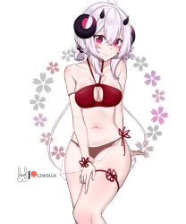 1girls female horn horns lewdlux nano_(nanoless) navel red_bikini red_bikini_bottom red_bikini_top red_eyes shy smile thick_thighs tummy white_hair