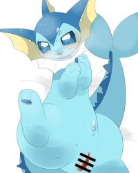 <3_eyes blue_body blue_eyes blush bodily_fluids censored eeveelution female feral genitals heart looking_at_viewer ninini nintendo open_mouth pokémon_(species) pokemon pokemon_(species) pokephilia pussy simple_background solo spread_legs spreading sweat vaporeon video_games white_background