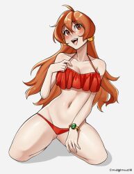 1girls bikini blush condylonucla female female_only happy hi_res kneeling lina_inverse long_hair looking_at_viewer orange_eyes orange_hair slayers smiling_at_viewer solo solo_female thick_thighs white_background