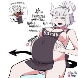 apron big_belly birth blush edit hand_on_belly hands_on_belly helltaker horn lewdlemage lucifer_(helltaker) pregnant pregnant_female ready_to_pop stuffed_belly tagme tail white_hair