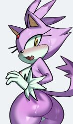 2022 anthro areola ass big_butt blaze_the_cat blush bodily_fluids breasts clothing domestic_cat felid feline felis female fiinel fur gloves handwear looking_at_viewer looking_back looking_back_at_viewer mammal nipples open_mouth purple_body purple_fur sega simple_background solo sonic_(series) sonic_the_hedgehog_(series) sweat sweaty_butt white_background yellow_eyes