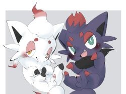 balls black_body black_fur blush censor_bar censored censored_penis doneru duo erection fangs fur genitals half-closed_eyes hi_res hisuian_form hisuian_zorua ineffective_censorship looking_at_viewer male narrowed_eyes neck_tuft nintendo pokémon_(species) pokemon pokemon_(species) red_body red_fur regional_form_(pokémon) simple_background tuft video_games white_body white_fur zorua