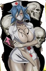 1girls big_breasts blue_hair body_writing breasts cleavage eye_patch female female_only gloves heart looking_at_viewer mask nurse nurse_uniform octavius_dp red_eyes skull skullgirls solo thick_thighs valentine_(skullgirls) wide_hips