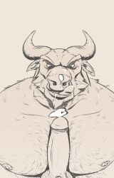 absurd_res anthro bodily_fluids body_hair bovid bovine charcoal_inpachi chest_hair cum cum_on_chest cum_on_face duo genital_fluids hairy hi_res horn human male male/male mammal muscular nipples pecjob pecs sex snout tongue