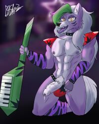 1boy absurd_res anthro ball_bulge balls_under_clothes canid canine canis erection femboy five_nights_at_freddy's five_nights_at_freddy's:_security_breach foreskin genitals girly green_hair hi_res invalid_tag keytar male male_only mammal muscular muscular_male on_knees penis penis_out precum precum_drip pubes roxanne_wolf_(fnaf) rule_63 scottgames solo tongue_out video_games wolf yellow_eyes