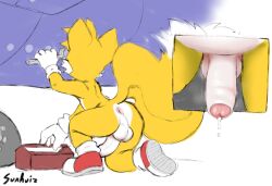 anthro anus balls bodily_fluids bottomless canid canine casual clothed clothing erection exposed_torso footwear foreskin fox genital_fluids genitals handwear hi_res humanoid male male_focus male_only mammal mechanic orange_body penis precum sega solo sonic_(series) sunhuiz tails uncircumcised uncut white_penis