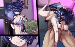 1boy :>= absurdres animal_ears bikini bikini_top_only blue_eyes blue_hair blush breasts censored cleavage fellatio female fingerless_gloves gloves hair_ornament hair_over_one_eye hairclip highres holding holding_money indie_virtual_youtuber light-skinned_male medium_breasts money navel oral penis prostitution punk raccoon_ears raccoon_girl raccoon_tail shiny shiny_hair shiny_skin short_hair smoking snuffy standing stevechopz straight swimsuit tail tattoo virtual_youtuber