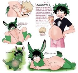 2021 alternate_form alternate_species andromorph animal_humanoid blonde_hair color cuntboy dekuwus duo english_text feral feralized fur gay genitals green_body green_fur green_hair hair hi_res human humanoid intersex izuku_midoriya katsuki_bakugou lagomorph lagomorph_humanoid leporid leporid_humanoid male male_pregnancy mammal mammal_humanoid multi_nipple my_hero_academia nipples pussy rabbit rabbit_humanoid scut_tail short_tail tail_motion tailwag text