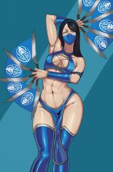 1girls 2d armwear black_hair breasts clothing crop_top fan female female_only hairband kitana kitana_(mk9) loincloth looking_at_viewer mask mortal_kombat mortal_kombat_(2011) octavius_dp outfit small_breasts solo thick_thighs thighhighs weapon wide_hips