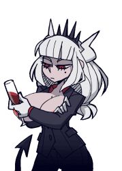 accurate_art_style animated artist_request bare_breasts edit helltaker horns lucifer_(helltaker) transparent_background wine