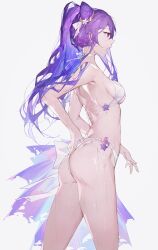 1girls ass bewitching_thighs breasts cat_ears curvy facing_away female female_only genshin_impact hair_ornament keqing_(genshin_impact) necklace purple_eyes purple_hair qiandai qiandaiyiyu skimpy solo solo_female swimsuit swimwear thick_thighs wet_hair