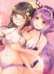 alien big_breasts bikini blush breast_grab embarrassed girl horns mimibits purple_hair ribbons sallynii shocked_expression stars swimsuit thighs twintails twitch twitter virtual_youtuber youtube youtube_hispanic youtuber yuri