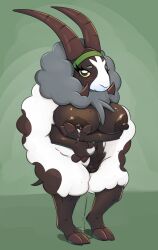 anthro areola baiwooluu blush bodily_fluids bovid breasts caprine dubwool female fur genital_fluids genitals hi_res honeymono horn lactating looking_at_viewer mammal nintendo nipples nude pokémon_(species) pokemon pokemon_(species) sheep solo white_body white_fur