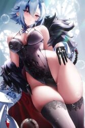 arlecchino_(genshin_impact) blush breasts curvy fantongjun fat_thighs genshin_impact hi_res hips lace_trim leotard lingerie thick_thighs thighhighs white_hair wide_hips