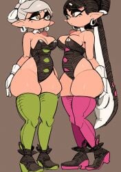 2girls big_breasts black_hair bottom_heavy breasts callie_(splatoon) cleavage clothed clothing duo ear_piercing earrings female female_only footwear handwear inkling legwear leotard looking_at_another marie_(splatoon) nintendo open_mouth pale_skin pear_shaped pointy_ears simple_background splatoon thick_thighs thighhighs voluptuous white_hair wide_hips yellow_eyes yuta_agc