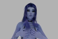 1girls 3d blue_hair blue_skin breasts cover covered_nipples covering covering_breasts female female_only kryiat lingerie looking_at_viewer looking_pleasured overwatch pout smile smiling smiling_at_viewer smirk solo widowmaker