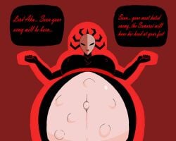 1girls belly_bump big_breasts breasts demon_pregnancy dialogue english_text erect_nipples female female_only huge_belly hyper_pregnancy navel pregnancy pregnant pregnant_belly pregnant_female samurai_jack solo the_high_priestess_(samurai_jack)