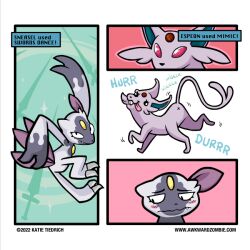 ambiguous_gender anus blush buckteeth colored comic duo eeveelution english_text espeon feral katie_tiedrich nintendo pokémon_(species) pokemon sneasler teeth text tongue tongue_out video_games x_anus