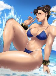 1girls 2024 absurd_res absurdres beach bikini blue_bikini breasts brown_eyes brown_hair capcom chun-li echosaber fat_breasts female female_only flat_belly g-string g-string_only hips large_breasts mature_female milf outdoors short_hair solo street_fighter string_bikini thick_thighs thighs thong_bikini thunder_thighs twin_buns water wet wide_hips