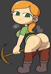 accidental_exposure alex_(minecraft) ass big_ass boots bottomless bubble_butt female female_only huge_ass looking_at_viewer looking_back minecraft no_panties orange_hair pants pants_down pickaxe shirt shoes simple_background solo sweat thick_thighs vilepluff wide_hips