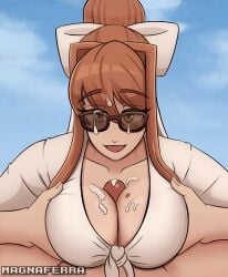 1girls beach breasts brown-tinted_eyewear brown_hair cleavage clothed cum doki_doki_literature_club female green_eyes large_breasts magna_ferra monika_(doki_doki_literature_club) paizuri pov pov_eye_contact sunglasses tinted_eyewear titjob