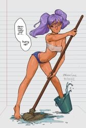 1girls arched_back blanclauz broom bucket cleaning cleaning_tool cleavage dark-skinned_female english_text full_body in_bucket original original_character purple_hair redraw round_glasses solo speech_bubble standing sweat text twintails unnamed_character water
