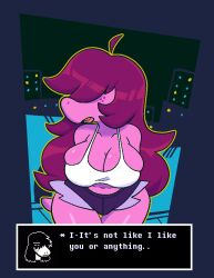 anthro big_breasts breasts cleavage crop_top deltarune eyes_covered female female_focus female_only freckles huge_breasts large_breasts lizard_girl monamania no_bra no_panties purple_hair purple_skin sharp_teeth short_shorts shorts solo solo_female solo_focus susie_(deltarune) tagme text text_box thick_thighs white_shirt