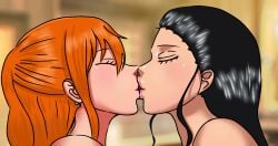 2girls bathroom black_hair closed_eyes earring female female_only kissing lesbian_sex lips lipstick makeout multiple_girls naked nami nami_(one_piece) nico_robin one_piece open_mouth orange_hair pale-skinned_female pale_skin passionate post-timeskip yuri