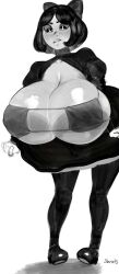 1girls big_breasts black_and_white bra clothed clothing enormous_breasts exposed_breasts female female_focus female_only huge_breasts looking_at_breasts monochrome original simple_background skrats white_background